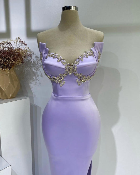 Purple Sleeveless Strapless Mermaid V-Neck Beads Prom Dress