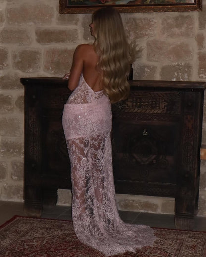 Stunning Lilac Sleeveless Halter Straps V-Neck Lace Sequins Evening Dress