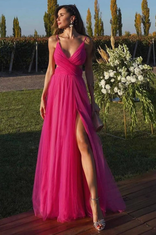 Fuchsia Spaghetti-Straps A Line Prom Dress Tulle With Split