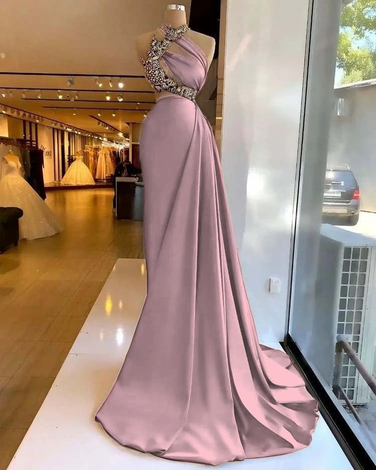 Satin Stunning Beading Sleeveless Long Prom Dress with Ruffle