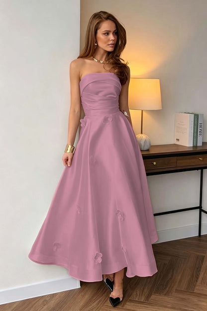 Black Strapless A-Line Evening Dress Sleeveless in Satin with Flower