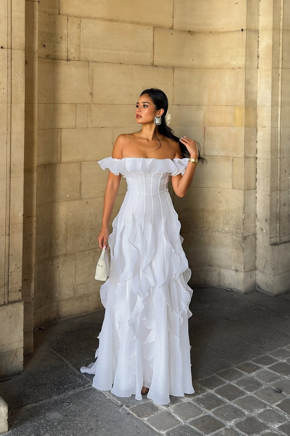 White Sleeveless Off Shoulder Pleated Irregular Prom Dress