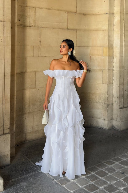 White Sleeveless Off Shoulder Pleated Irregular Prom Dress