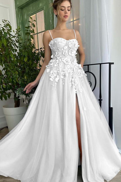 Baby Blue Sweetheart Flowers Appliques Spaghetti Strap Prom Dress Side Split