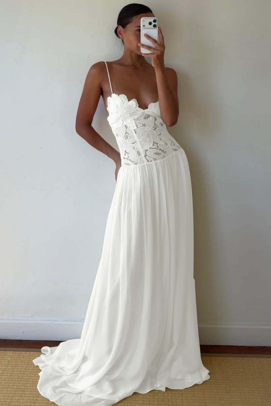 Lace And Chiffon V-Neck Spaghetti Straps Long A-Line Evening Dress With Pleated