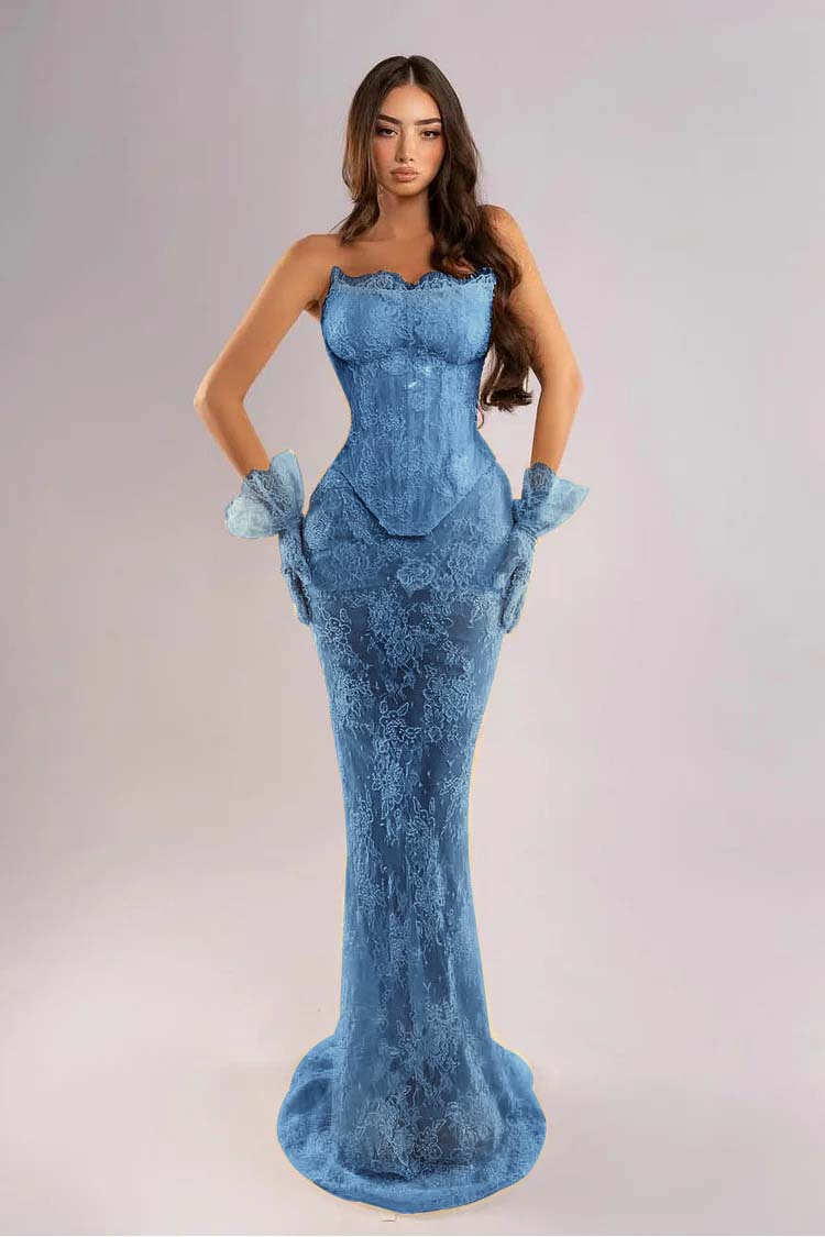 Strapless Sleeveless Long Mermaid Evening Dress With Lace Embroidery Gloves