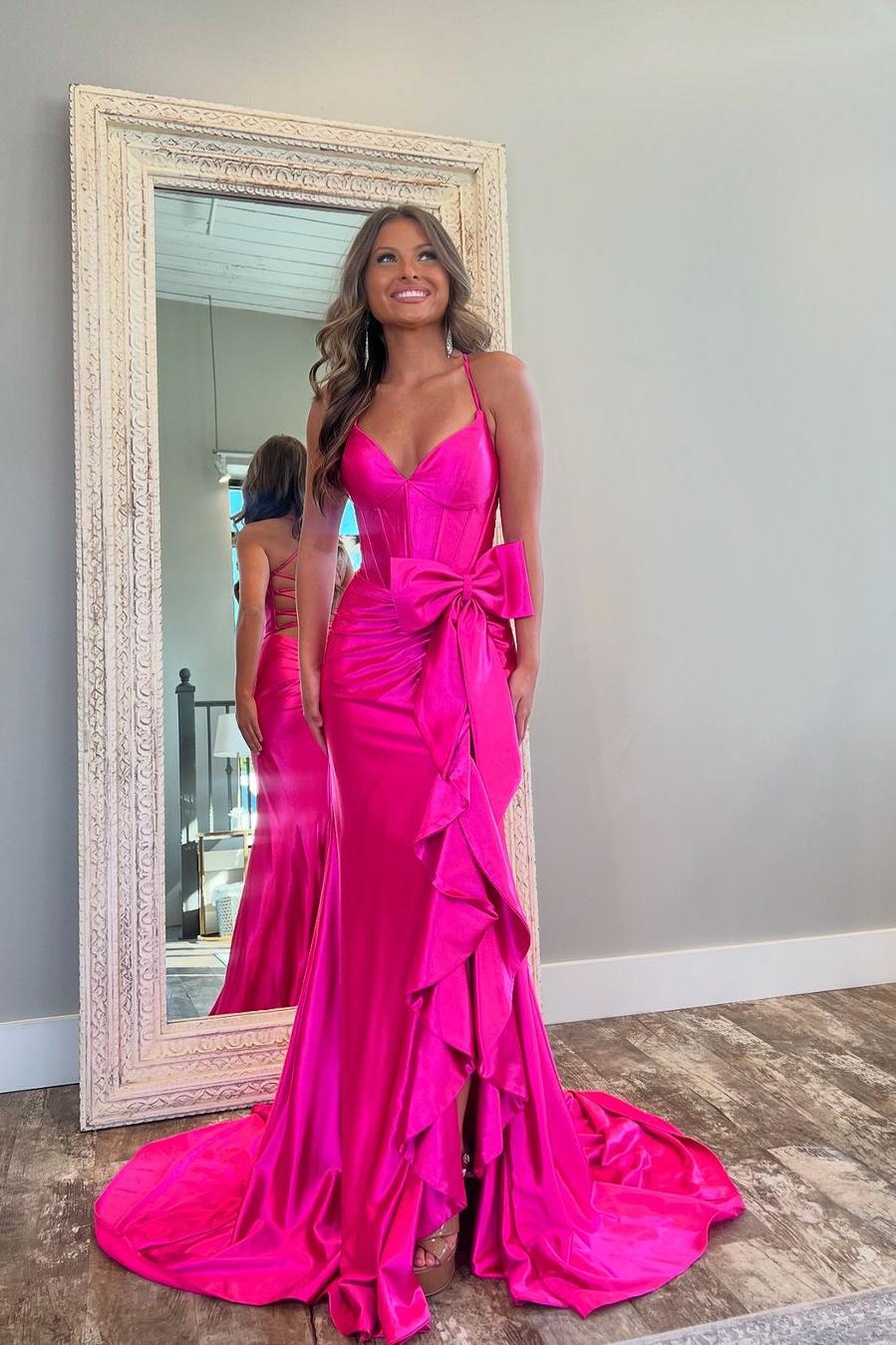 Glamorous Fuchsia Satin Spaghtti Strap Sleeveless Long Pleated Prom Dress with Bow
