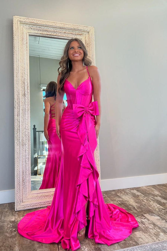 Glamorous Fuchsia Satin Spaghtti Strap Sleeveless Long Pleated Prom Dress with Bow
