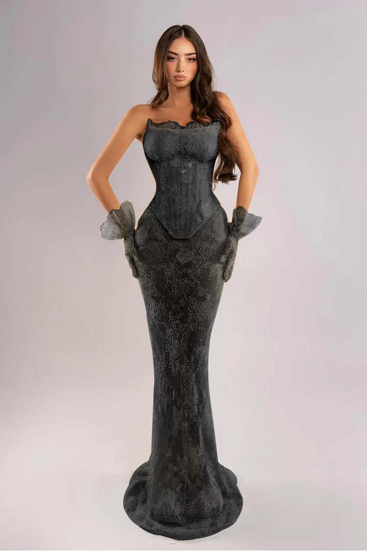Strapless Sleeveless Long Mermaid Evening Dress With Lace Embroidery Gloves