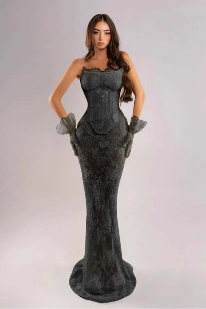 Strapless Sleeveless Long Mermaid Evening Dress With Lace Embroidery Gloves