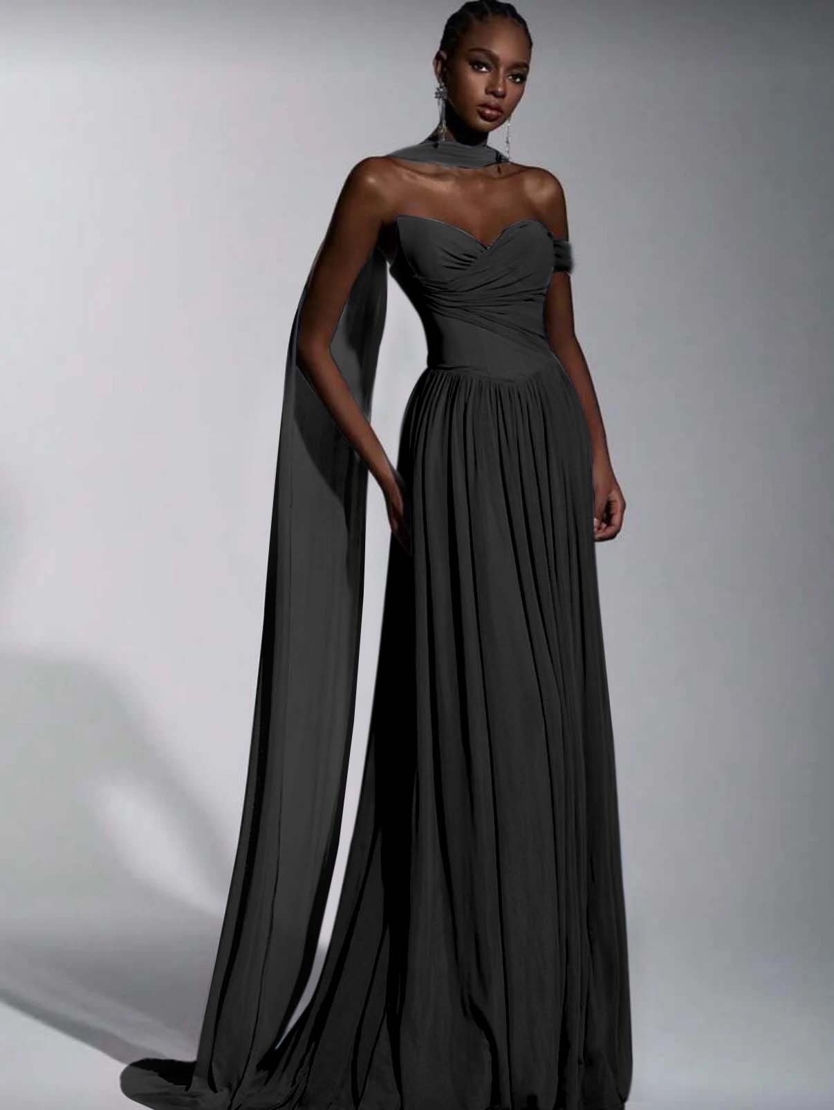 Dusty Blue One Shoulder Sweetheart Evenign Dress in Chiffon With Split