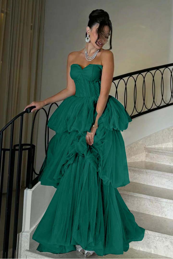 Sleeveless Sweetheart Strapless A Line Long Prom Dress With Tulle