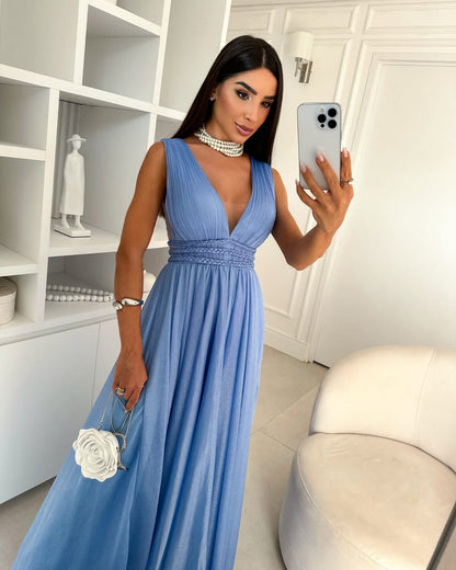 Purple Sleeveless Straps Deep V-Neck A-Line Prom Dress
