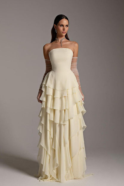 Charming Strapless Sleeveless Square Ruffles Long Prom Dress With Gloves