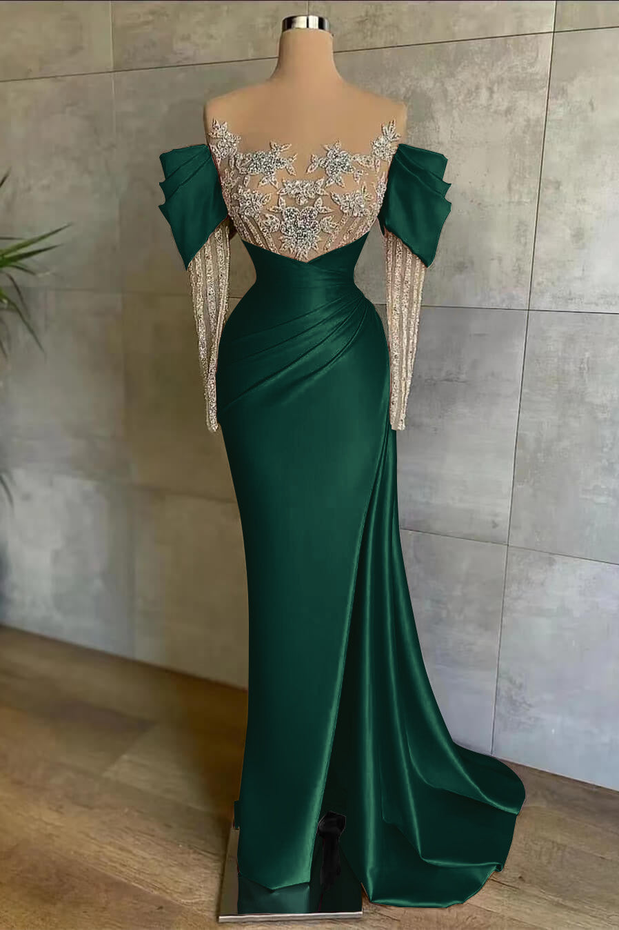 Pink Front Split Mermaid Long Sleeves Prom Dress Beadings With Appliques Off-The-Shoulder