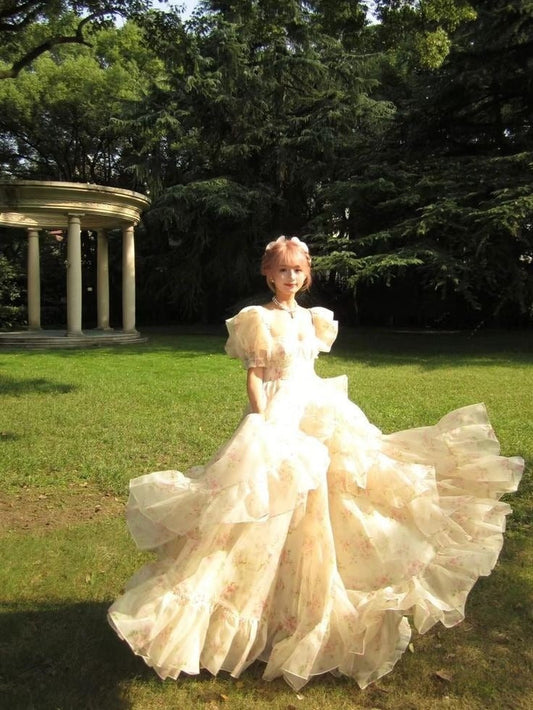 Romantic A Line Puff Sleeve Print Flower Chiffon Party Dress Evening Dress with Slit SH2865