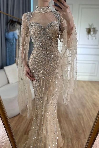 Luxurious High-Neck Sequins Sweetheart Mermaid Tulle Prom Dress
