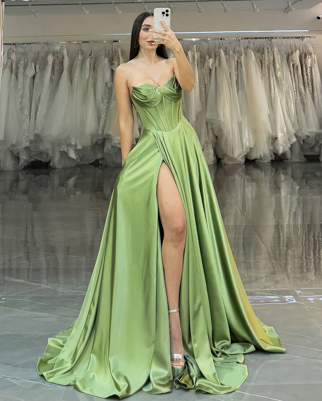 Green Sleeveless Strapless A-Line Long Prom Dress