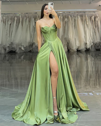 Green Sleeveless Strapless A-Line Long Prom Dress