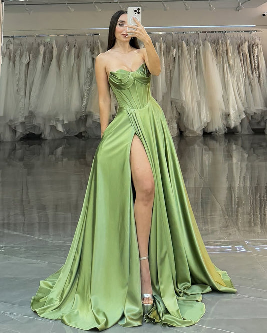 Green Sleeveless Strapless A-Line Long Prom Dress