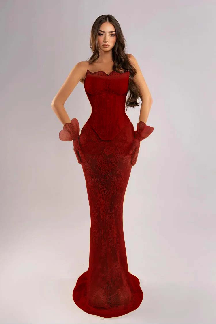 Strapless Sleeveless Long Mermaid Evening Dress With Lace Embroidery Gloves