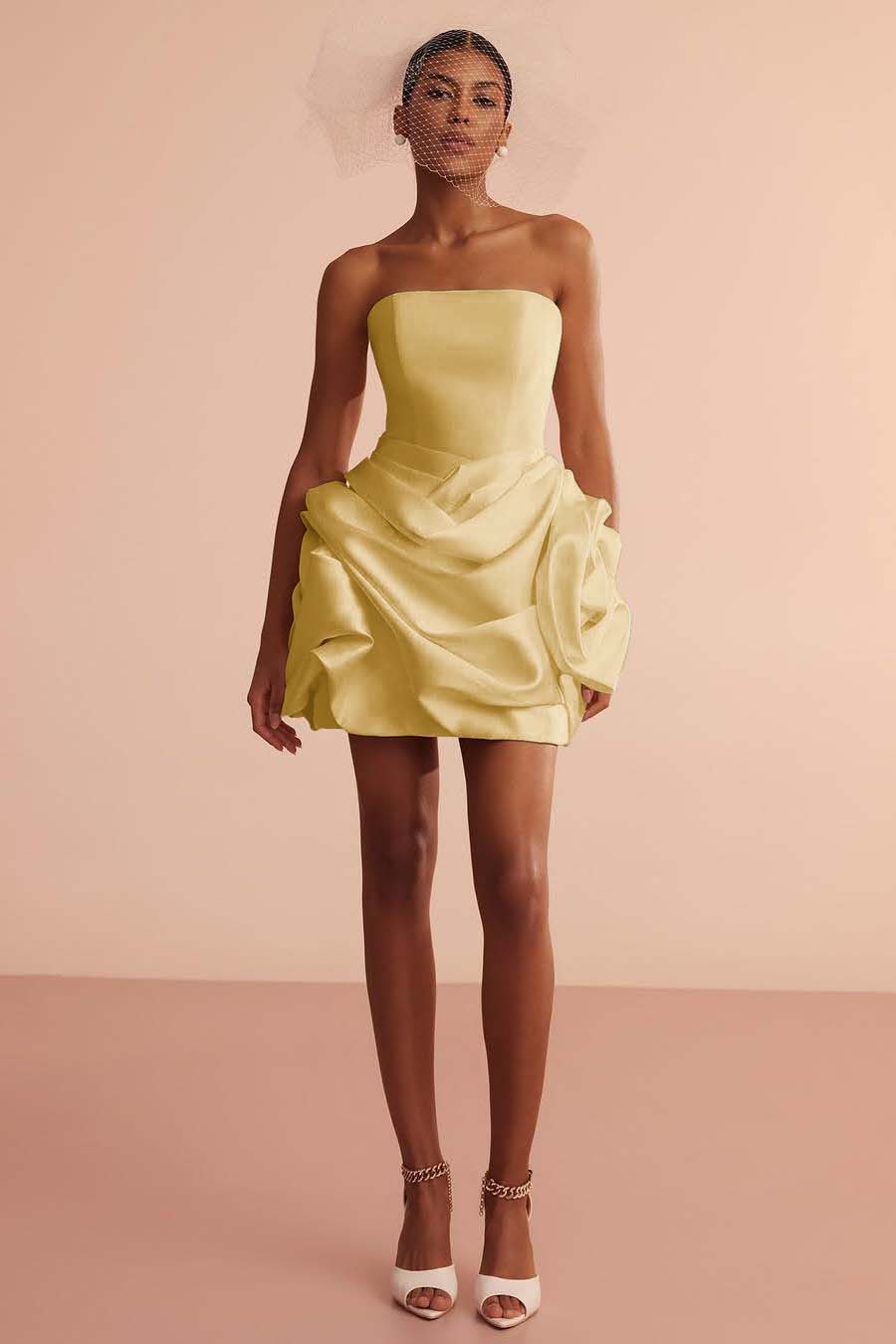 Exquiste Cream Satin Strapless Sleeveless Short Prom Dress with Pleated