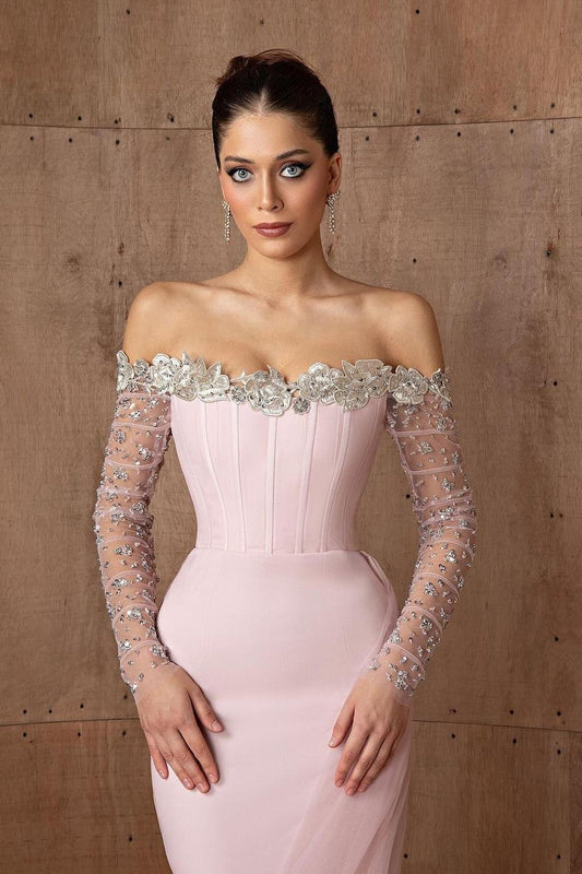 Charming Pink Satin Off the Shoulder Long Sleeves Long Prom Dress with Beadings