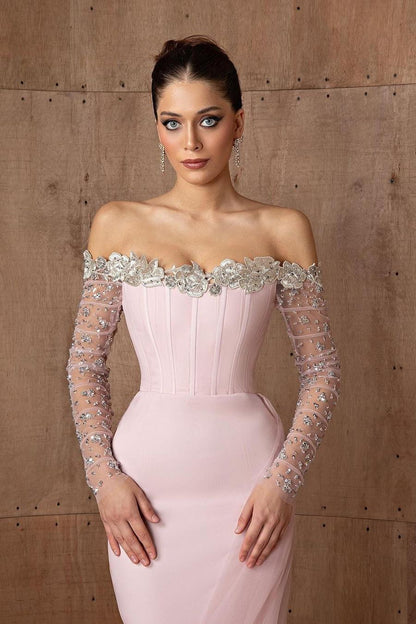 Charming Pink Satin Off the Shoulder Long Sleeves Long Prom Dress with Beadings