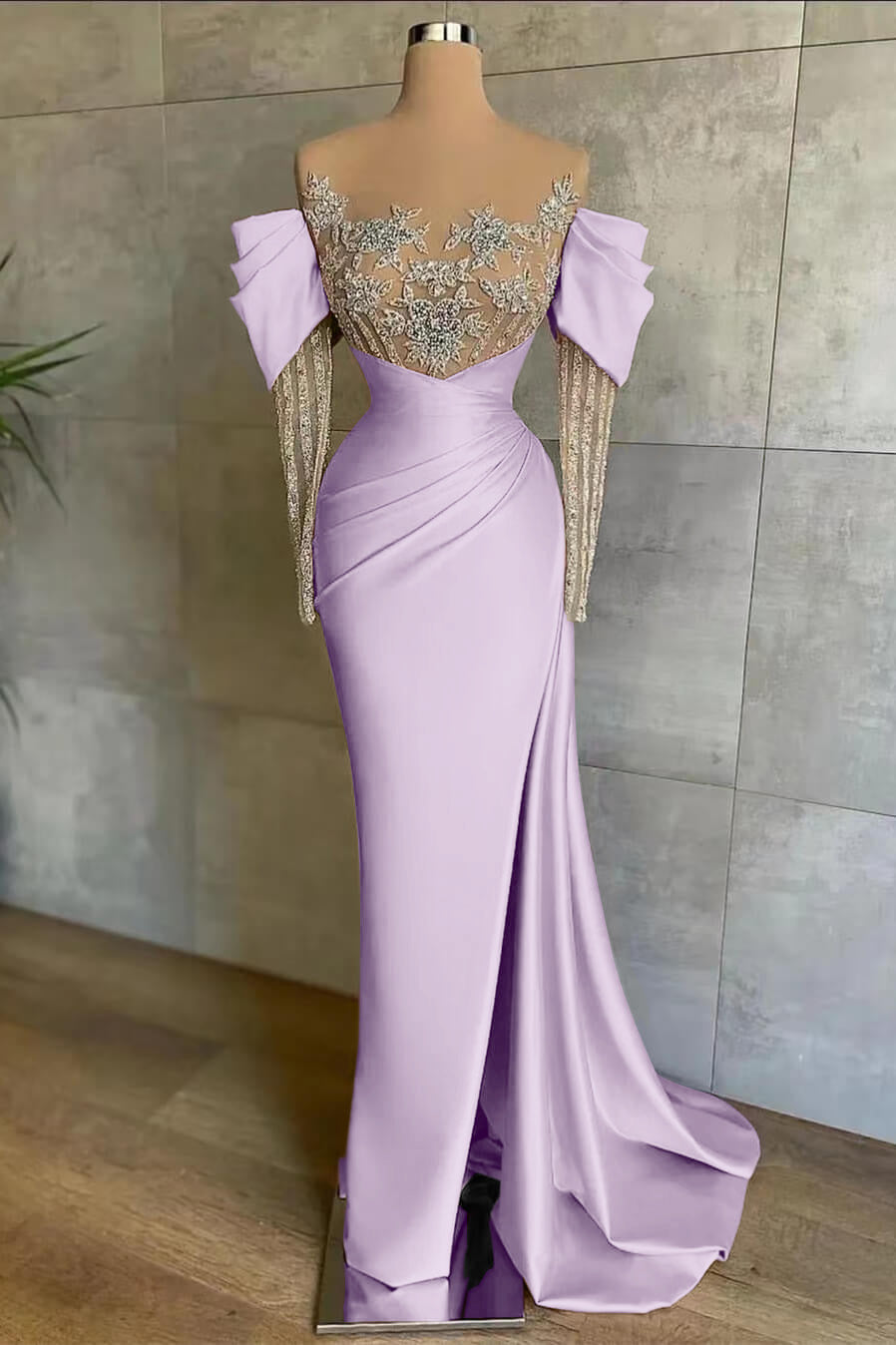 Pink Front Split Mermaid Long Sleeves Prom Dress Beadings With Appliques Off-The-Shoulder