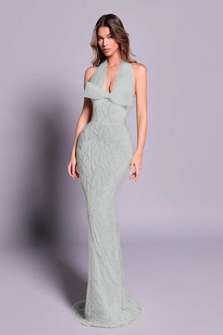 Chic Sleeveless Halter Straps Long Mermaid Evening Dress With Embroidery