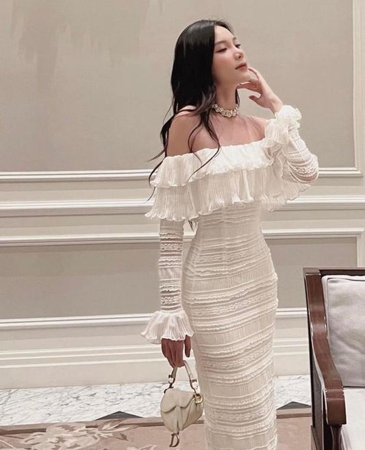 Elegant White Midi Dress Office Lady Long Sleeve Sexy Beach Party Bodycon Dress        fg5417