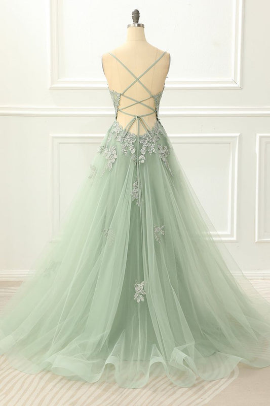 Spaghetti Straps Tulle Green Prom Dress with Appliques       fg4657