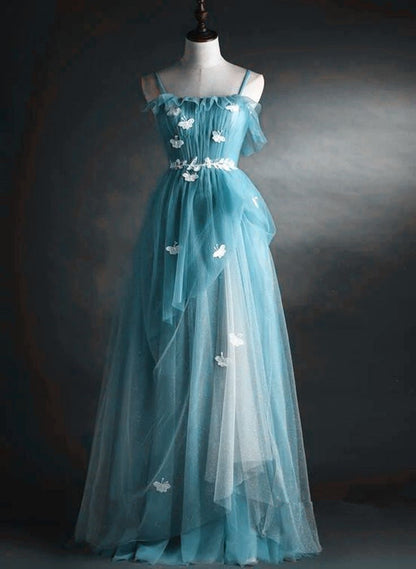 A-Line Blue Tulle Straps Long Formal Dress, Blue Long Evening Dress Prom Dress      fg4877