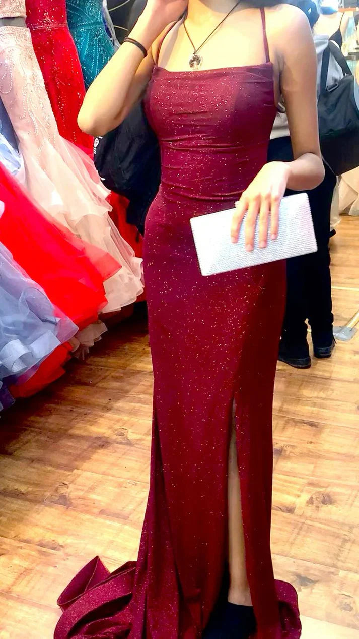Stunning Burgundy Mermaid Spaghetti Straps Sequin Long Prom Dress Evening Dress with Slit SH3649