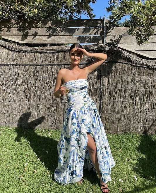 Strapless Print Floral Long Prom Dress Evening Gown       fg4722