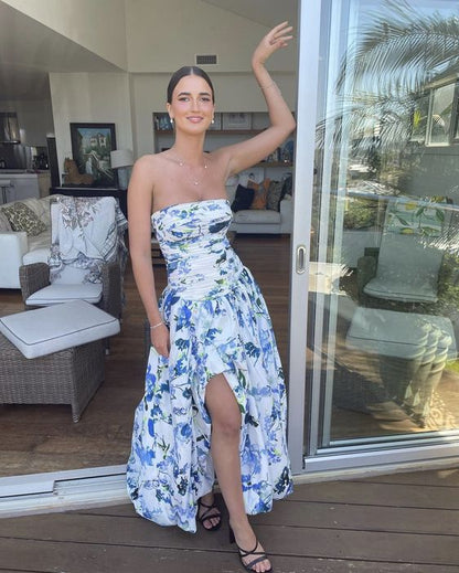 Strapless Print Floral Long Prom Dress Evening Gown       fg4722