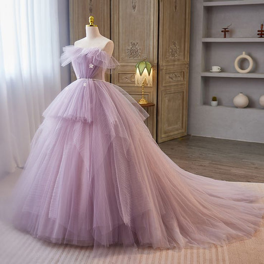 Elegant Lavender Cascading Ruffles Appliques Prom Dresses       fg4417