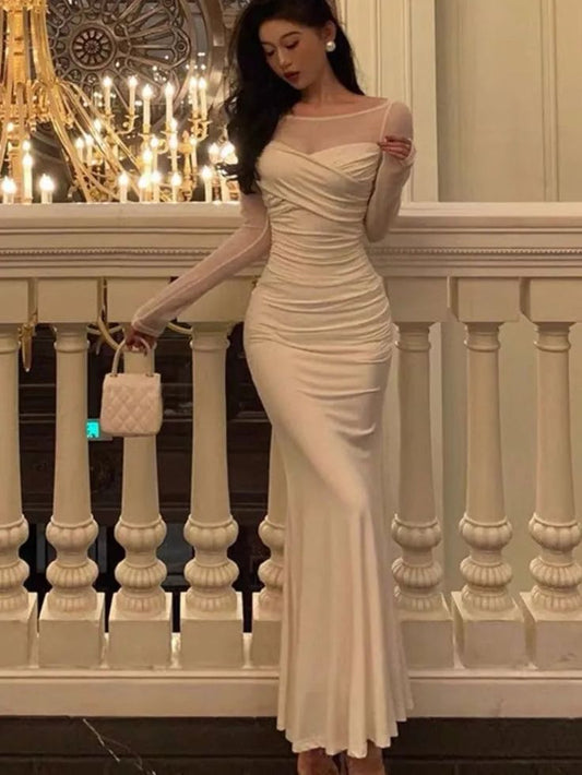 Mermaid Dress Women Patchwork Long Sleeves Vintage Solid Evening Party Gown      fg5313