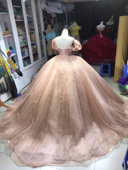 Champagne Pink Sparkly Dress,Long Evening Dress, Princess Sparkly Pink Dress, Quinceanera Dress Ball Gowns      fg5261