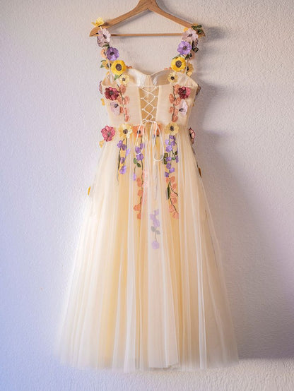 Chic Champagne A Line Appliques Tulle Tea Length Prom Dresses        fg3808
