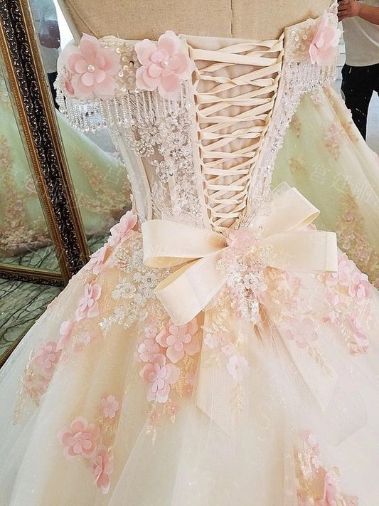 Sweet 16 Dresses Pink Lace Floral Prom Dresses Ball Gown Off The Shoulder Elegant Beaded Luxury Prom Gown        fg4334