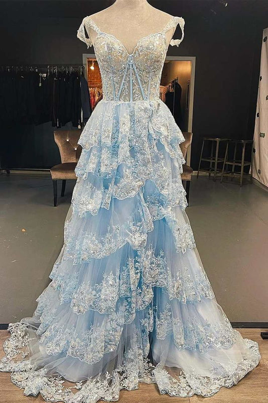 Light Blue Lace Sweetheart Tiered Long Prom Dress with Slit       fg4197