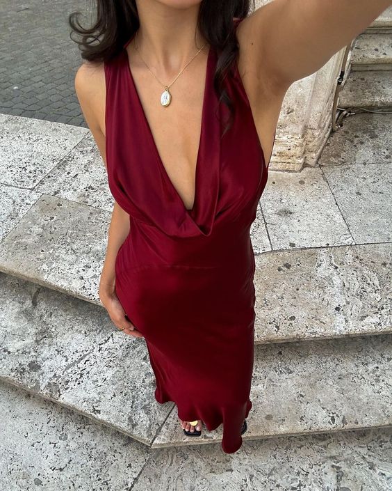 Simple Mermaid V Neck Burgundy Satin Open Back Prom Dress Evening Dress SH2189