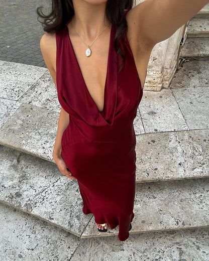 Simple Mermaid V Neck Burgundy Satin Open Back Prom Dress Evening Dress SH2189