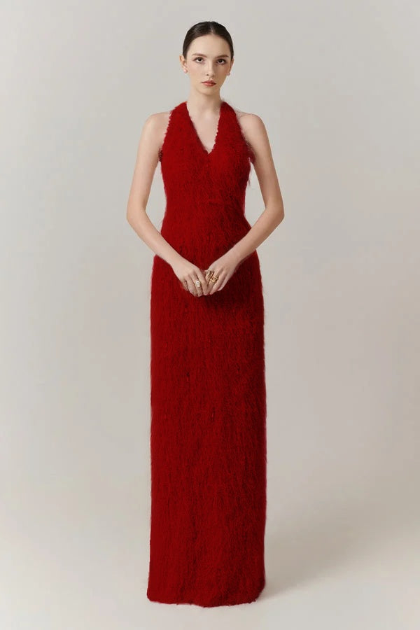 Sleeveless Halter Straps V-Neck Feathered Mermaid Evening Dress with Pearl Details