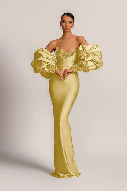 Purple Mermaid Prom Dress With Appliques Puff Sleeves