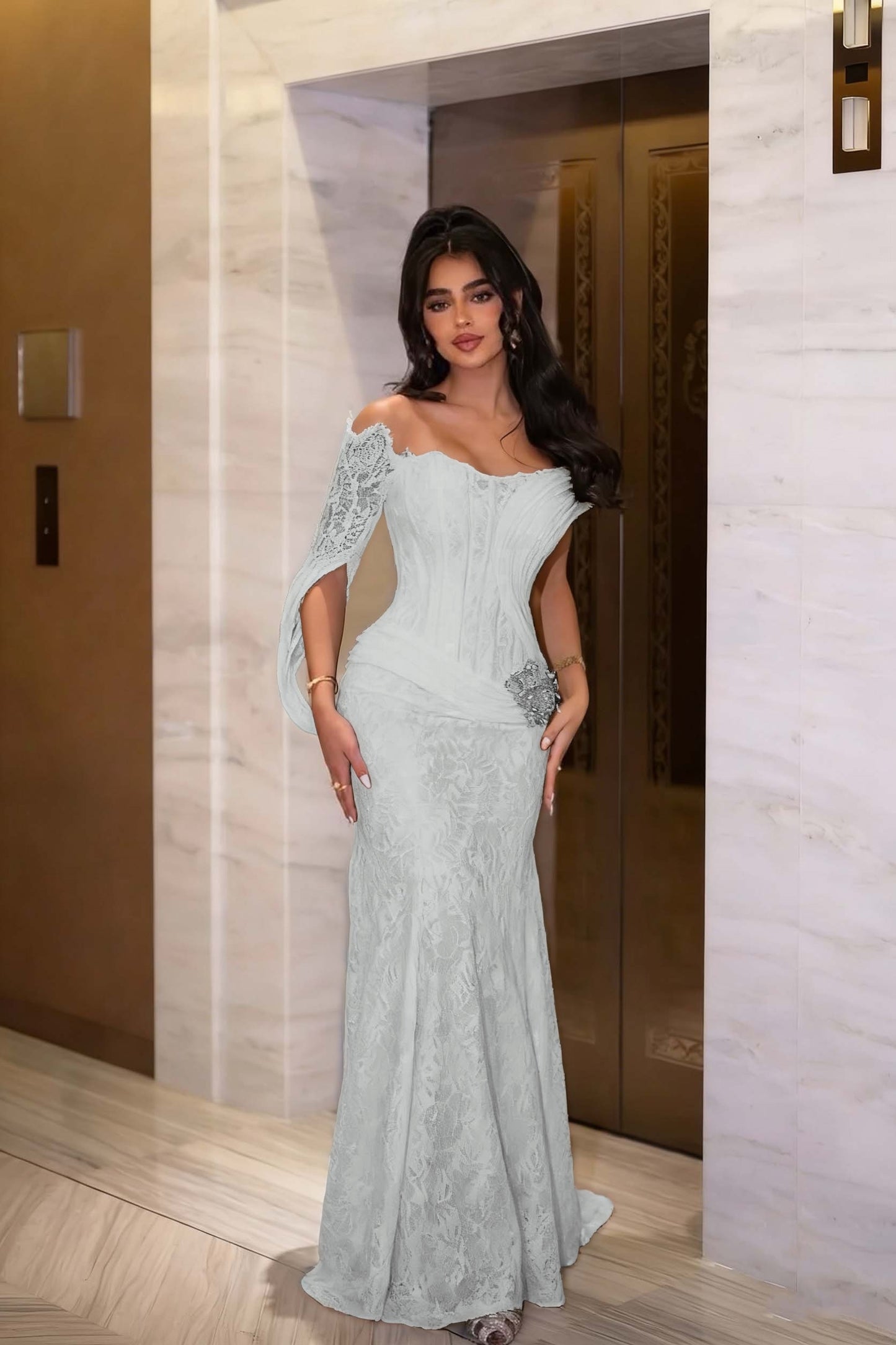 Black Long Sleeves Strapless Mermaid Prom Dress With Embroidery