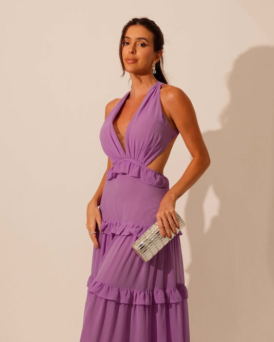 Sleeveless Deep V-Neck Halter Straps A-Line Prom Dress With Ruffles
