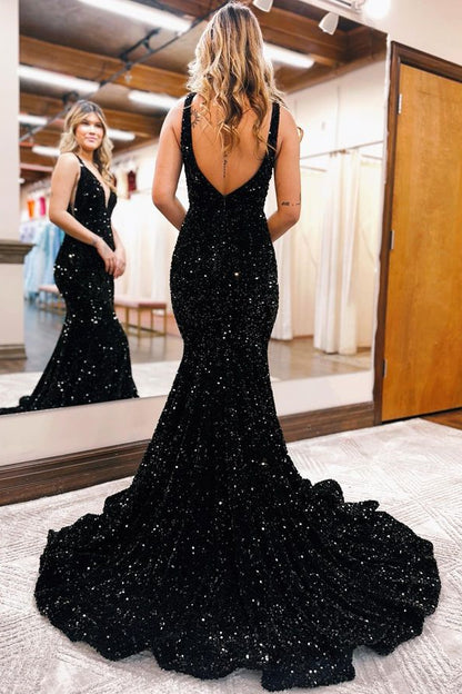 Black V-Neck Mermaid Sequins Evening Dress For Party Online