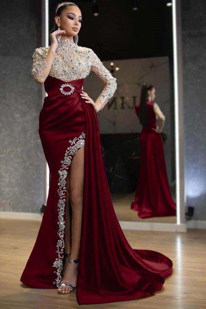 Royal Blue Long Sleeves Split Beadings Mermaid Prom Dress With Ruffles